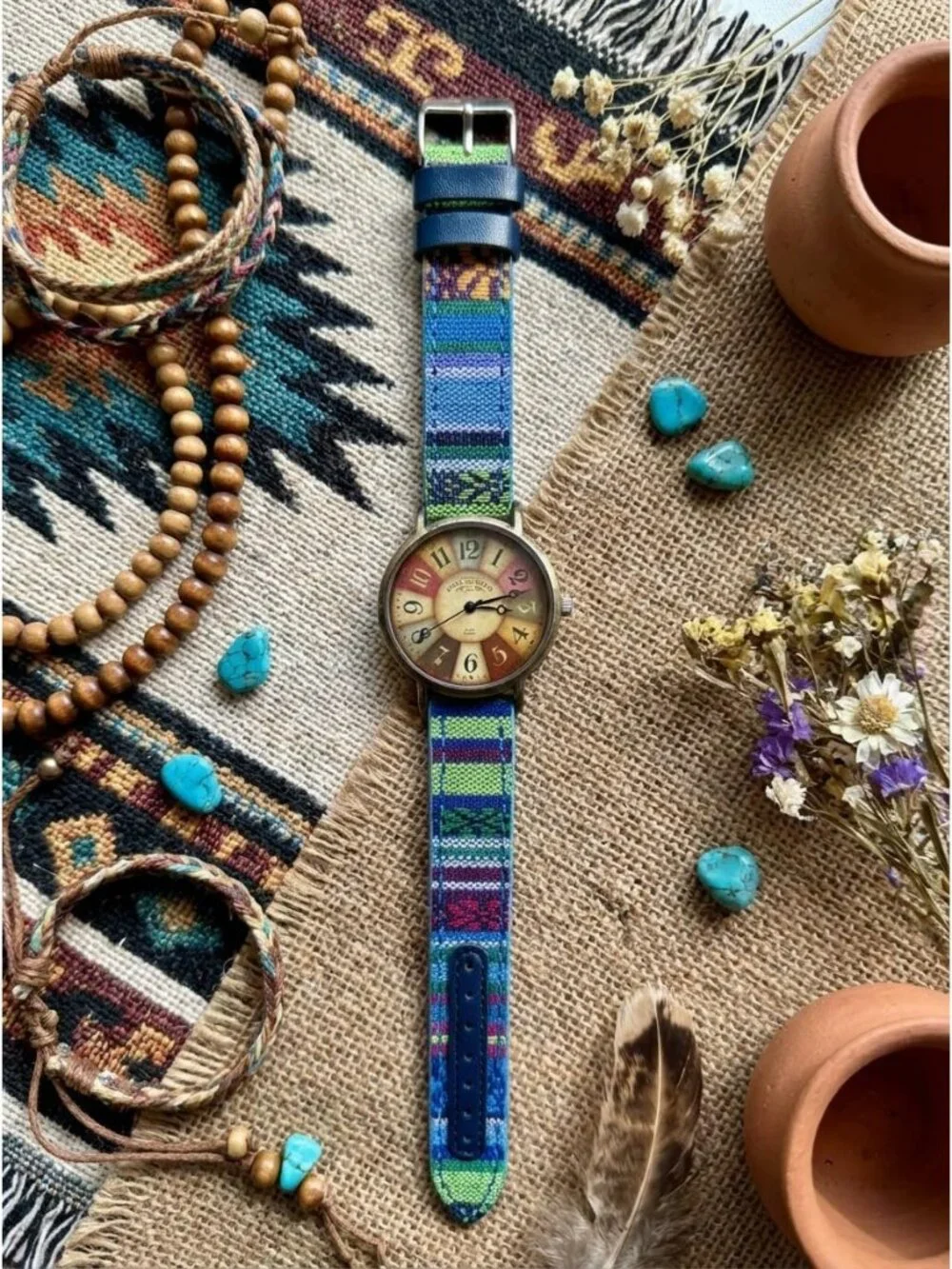 Women's Green Creative Multicolor Woven Strap Fashion Rainbow Pattern Watches